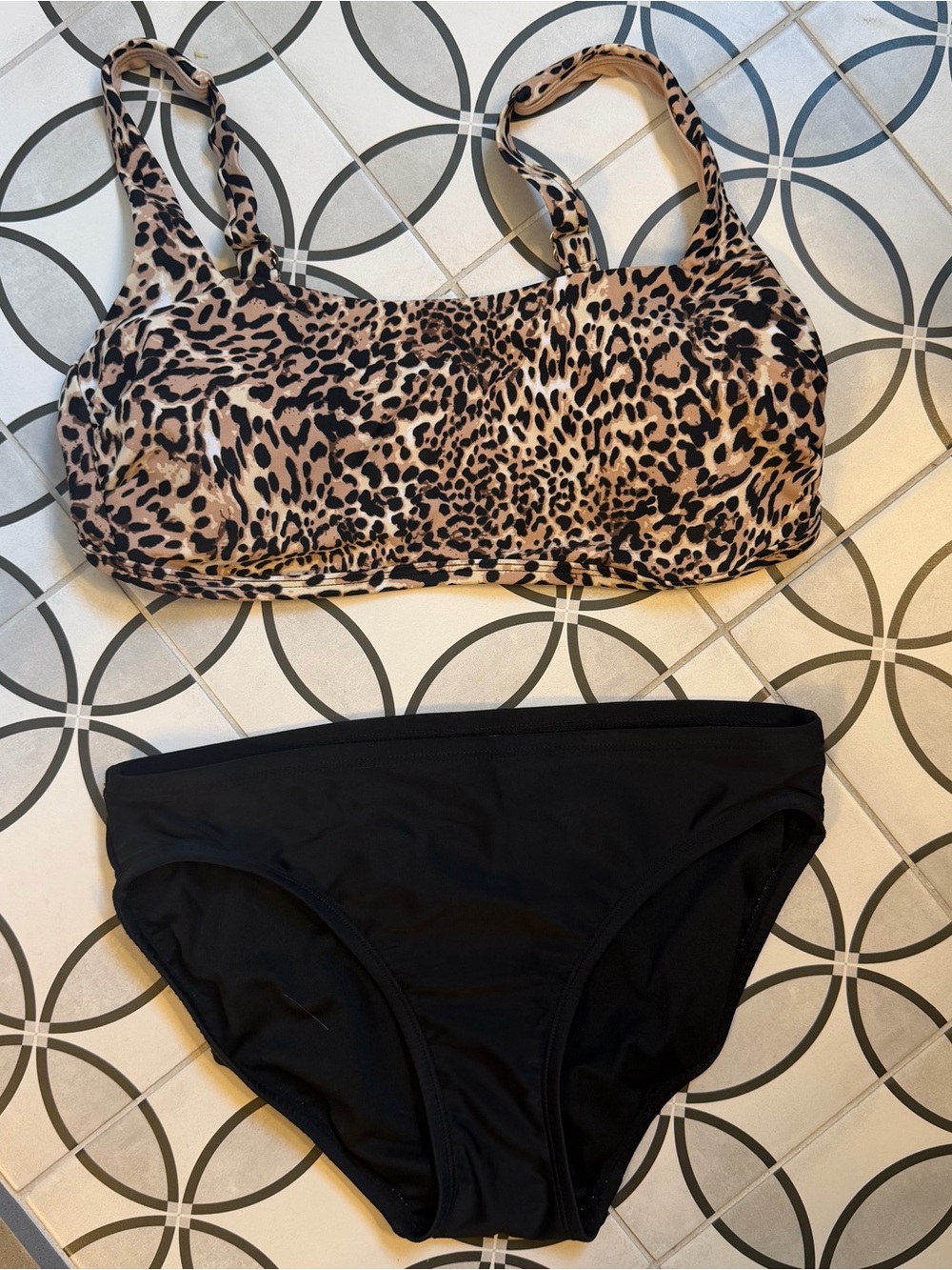 Leopard Print Bikini Top with Black Swim Bottom - Women's Swim